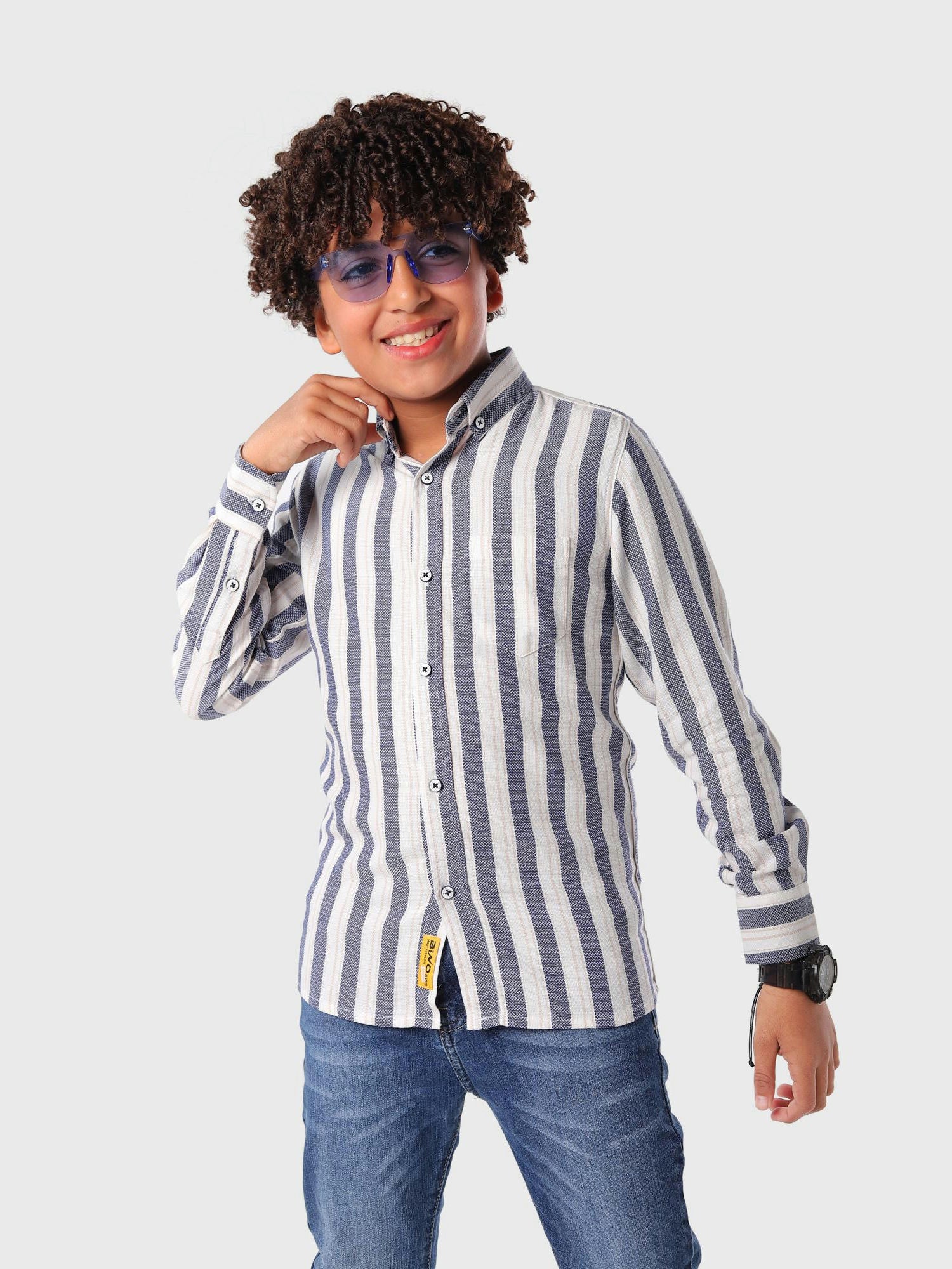 قميص كحلى كم طويل من القطن